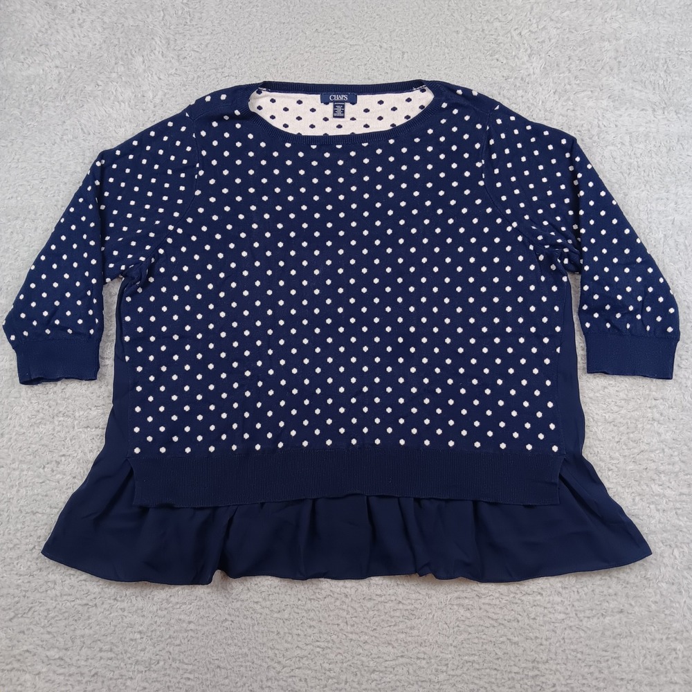 Chaps Sweater Pullover Women 2X Navy Blue Polka Dot Ruffle Hem Mixed Media